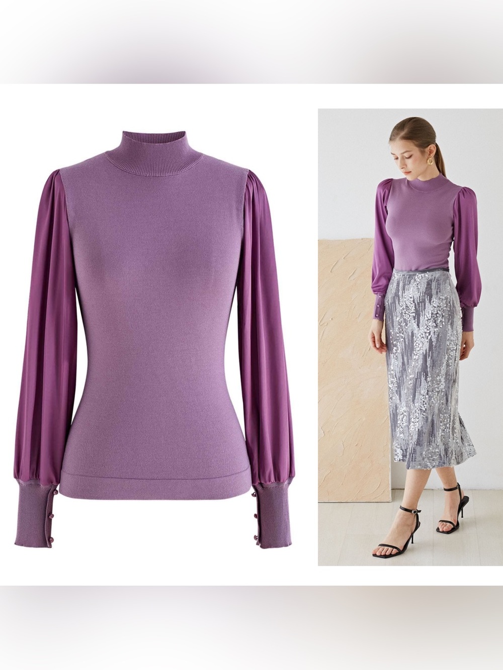 NWT ChicWish Mock Neck Satin Spliced Knit Top Violet S/M Festival Office Formal
